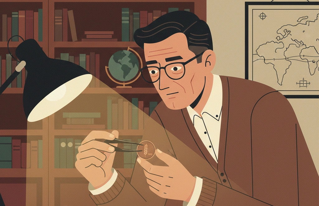 A collector studying a 1918 penny beside historical documents