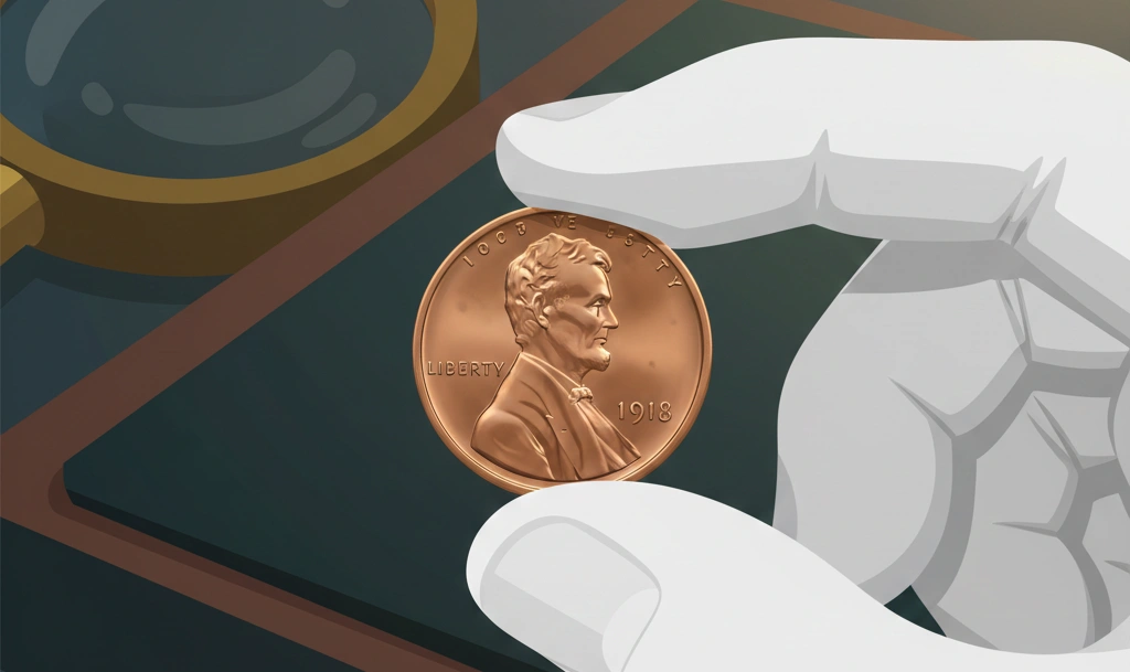 Hands carefully holding a 1918 penny with gloves