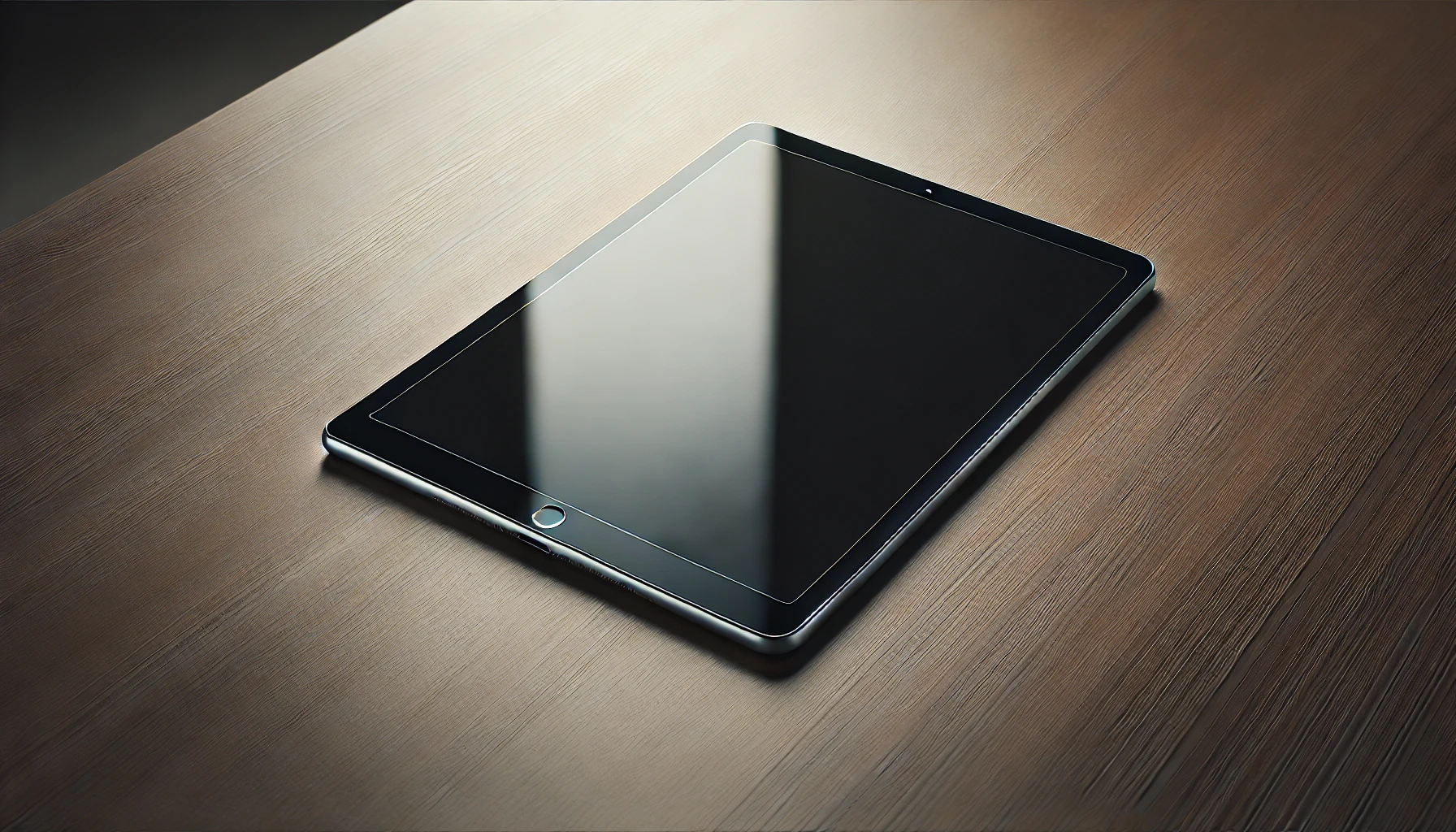 An iPad lying flat on a sleek wooden table, with natural lighting casting soft shadows and reflections.