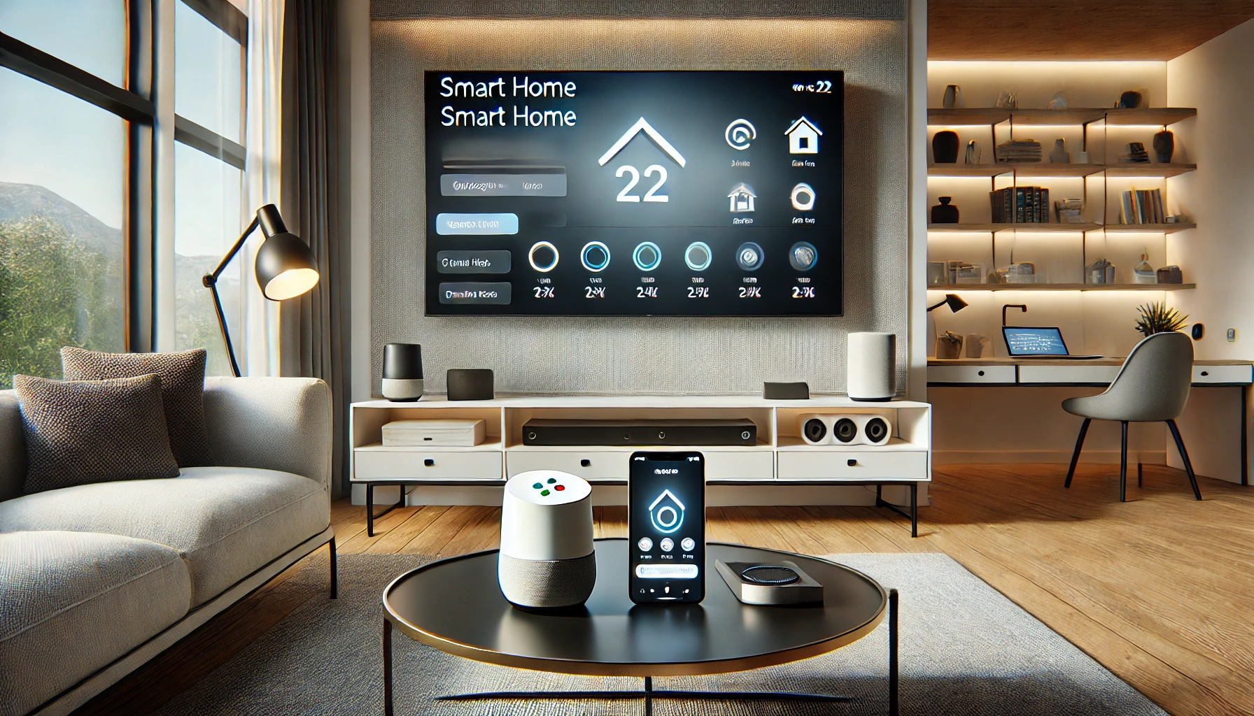 A modern smart home living room.