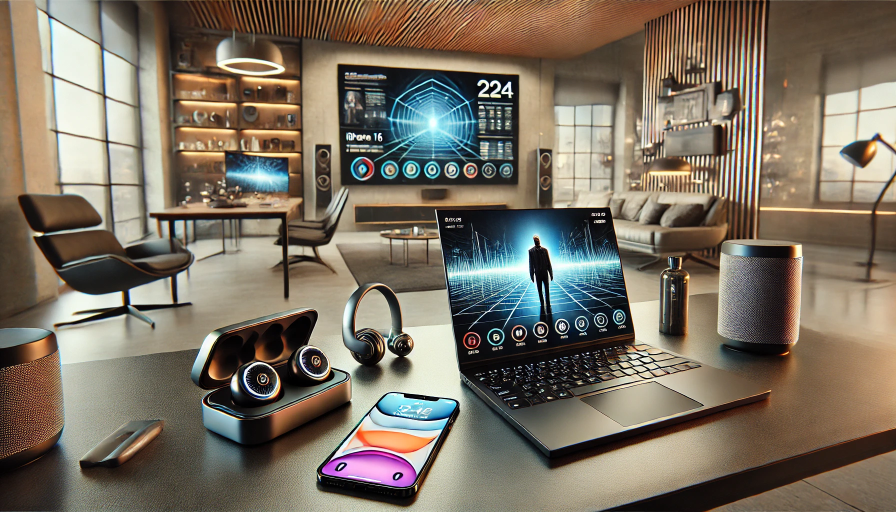 A tech enthusiast's desk in 2024, showcasing the latest gadgets like a high-end gaming laptop (Dell Alienware), a sleek smartphone (iPhone 16), and smart earbuds placed beside them.