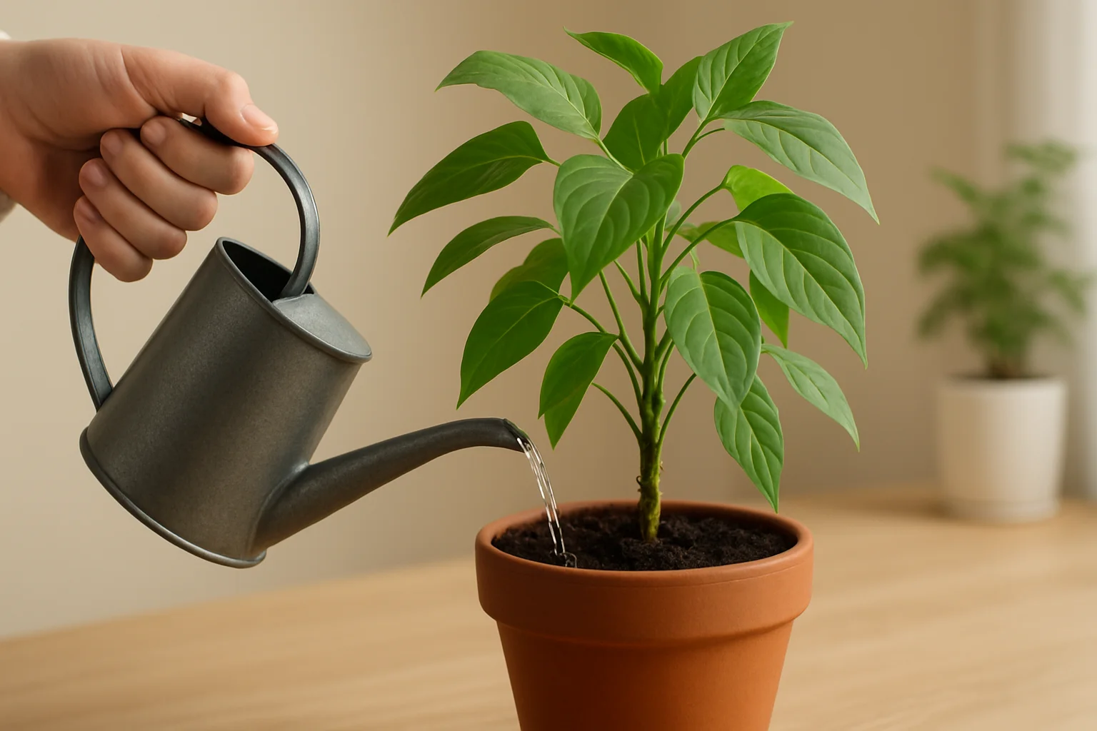 A person waters a leafy green potted plant indoors using a metal watering can, with soft natural light highlighting the leaves.