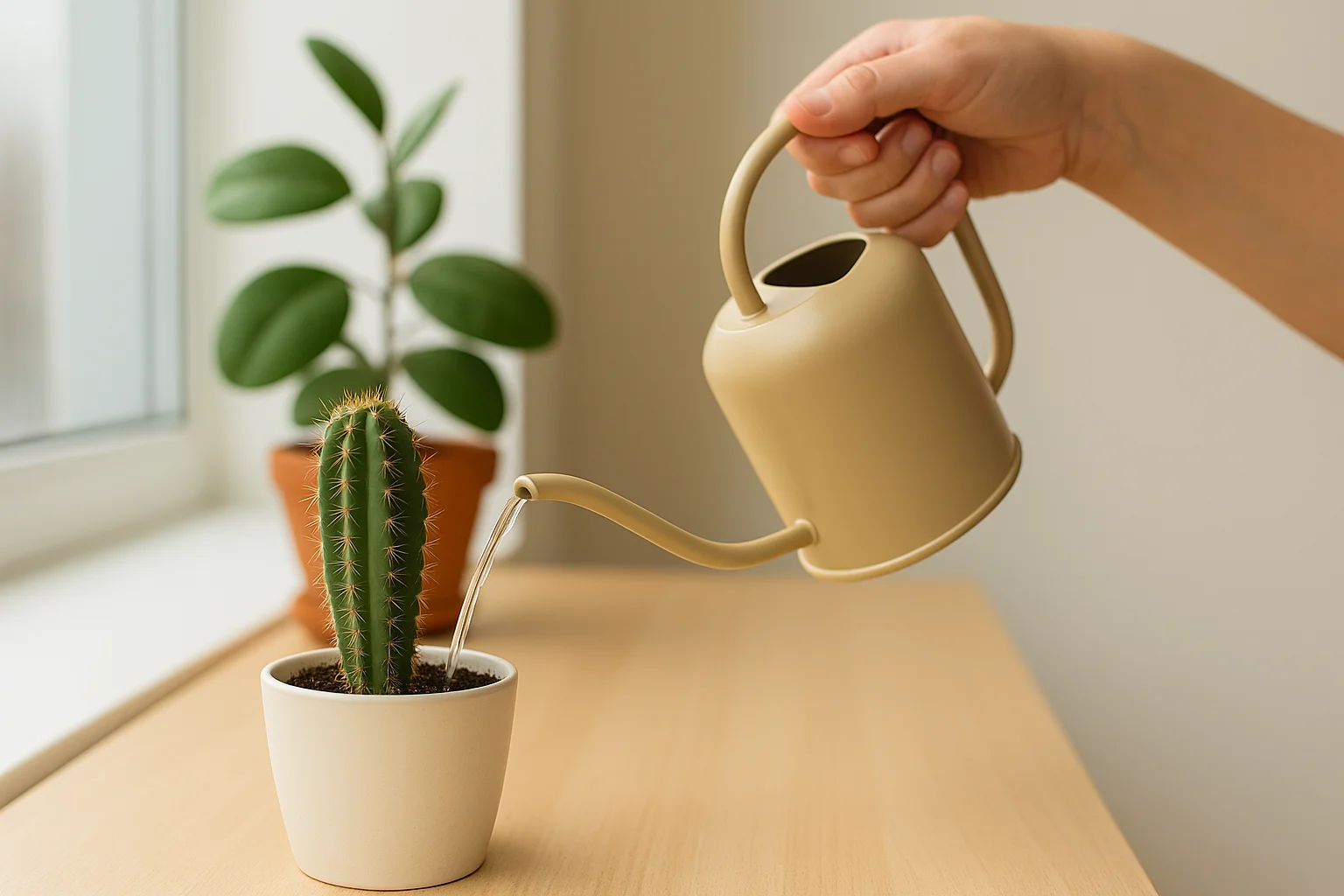 A hand carefully pours water from a small watering can onto a potted cactus, emphasizing gentle care for a drought-tolerant indoor plant.