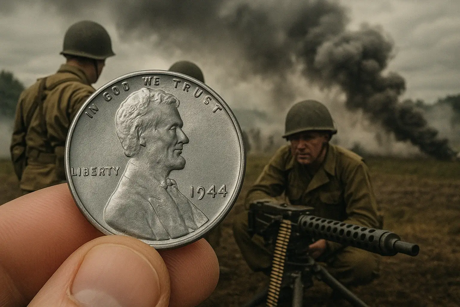 someone holds a 1944 penny during a WWII battlefield