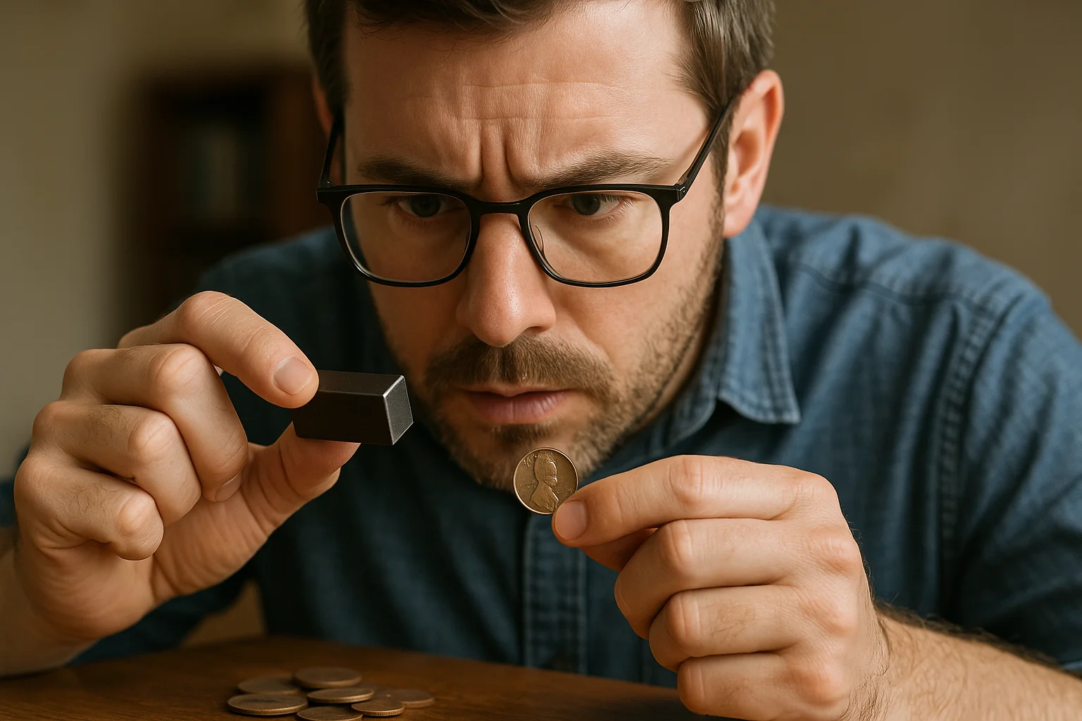 Using a small magnet on a 1943 penny, the collector verifies it’s the common issue rather than the extremely rare copper variety.