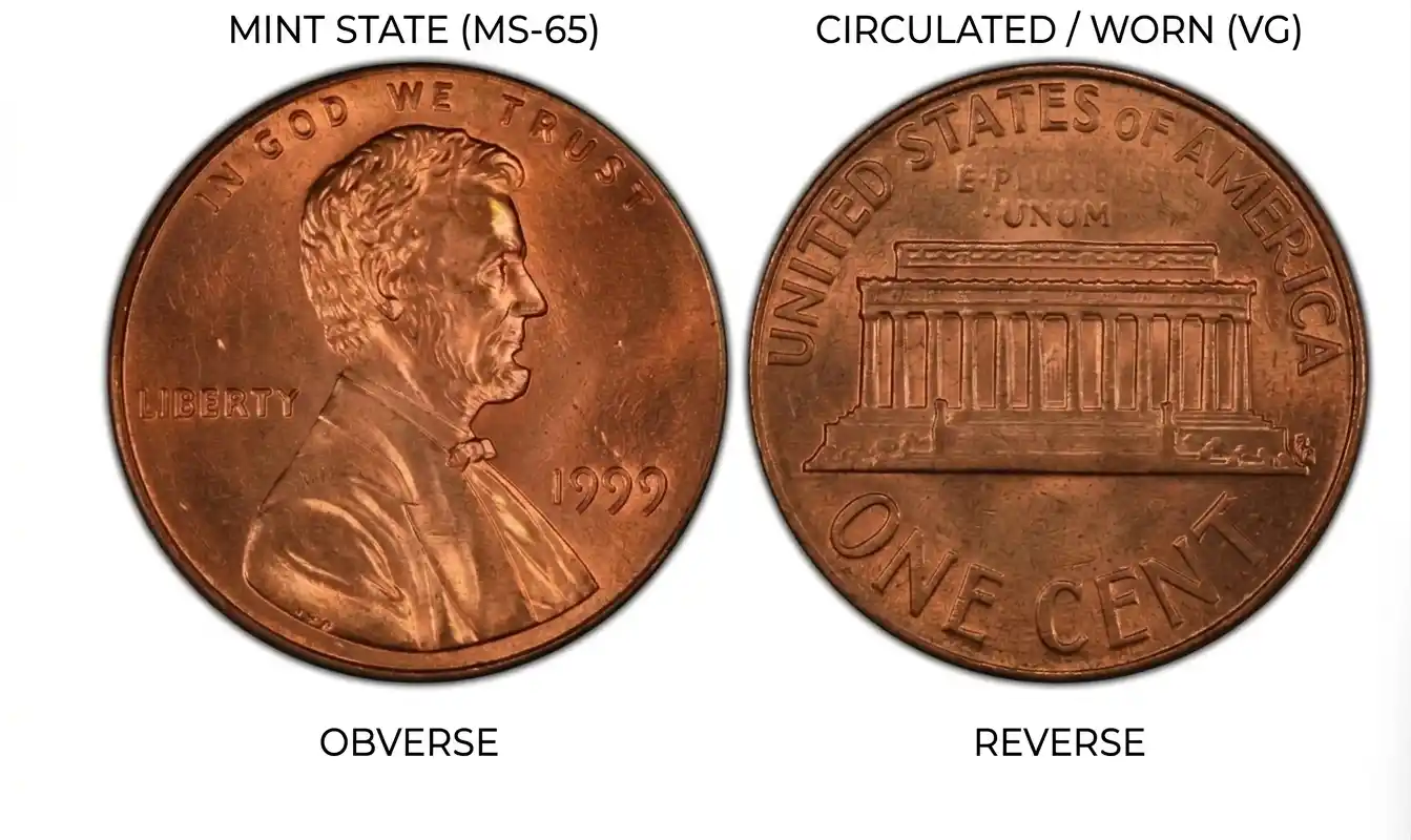 two 1999 pennies comparison (mint vs worn)