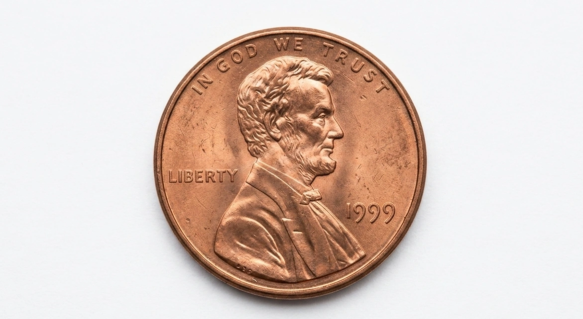 centered 1999 penny with balanced lighting showing metallic tone